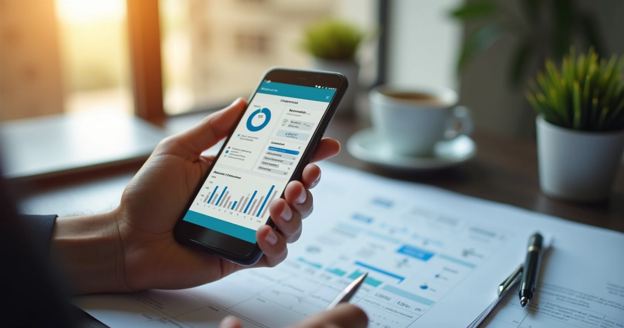 Celular mostrando painel de controle de ERP com vendas 