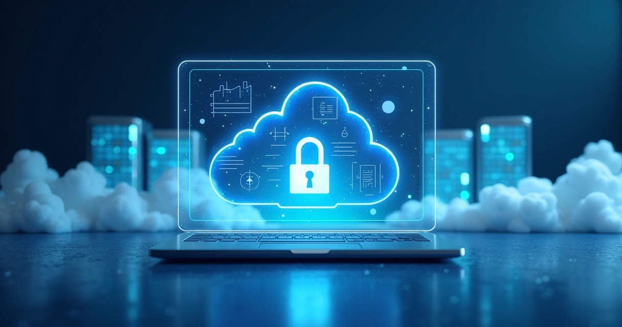 Interface de sistema ERP na nuvem com cadeado representando segurança e servidores em segundo plano 