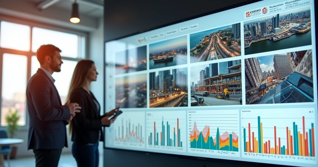 Dashboard integrado de ERP com imagens de obras e relatórios digitais 