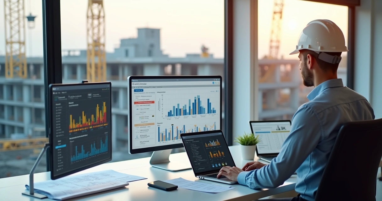 Gestor de construtora analisando sistema ERP de obras e finanças no notebook em canteiro de obras 