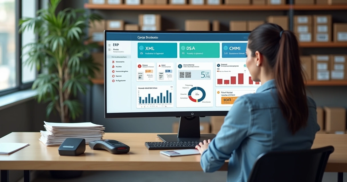 Gestora analisando painel de ERP com controle de documentos e estoque em um pequeno depósito 