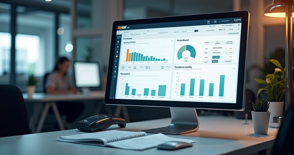Tela de ERP mostrando controle de estoque digital e emissão de nota fiscal eletrônica 