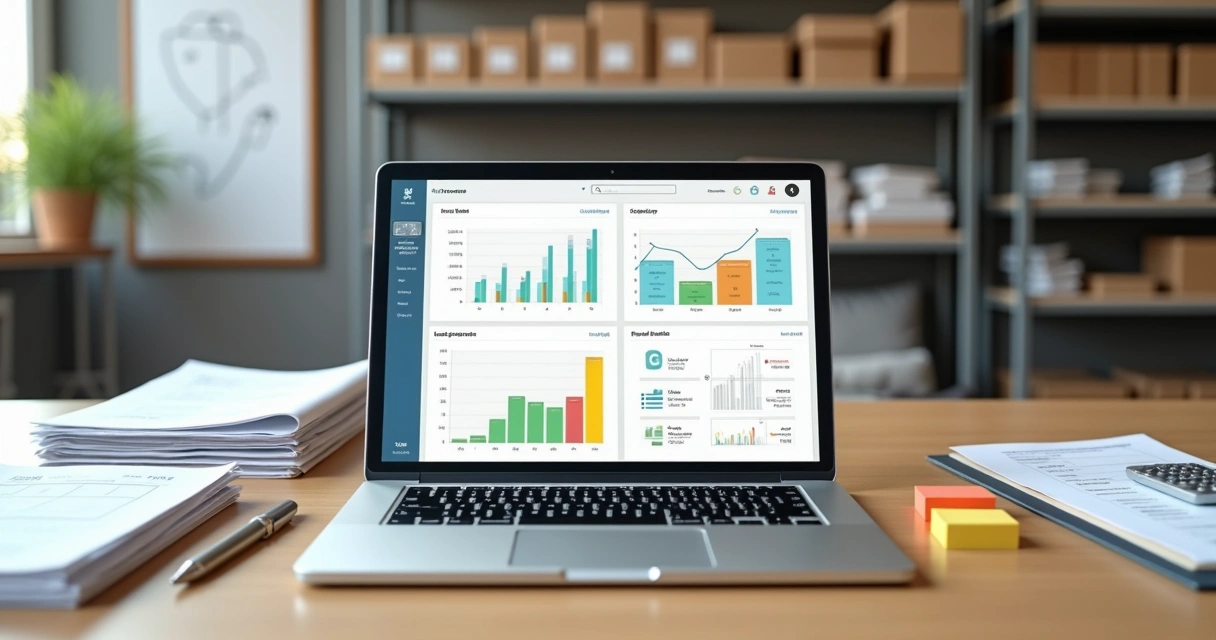 Mesa de pequena empresa com tablet mostrando ERP integrando financeiro estoque e documentos 