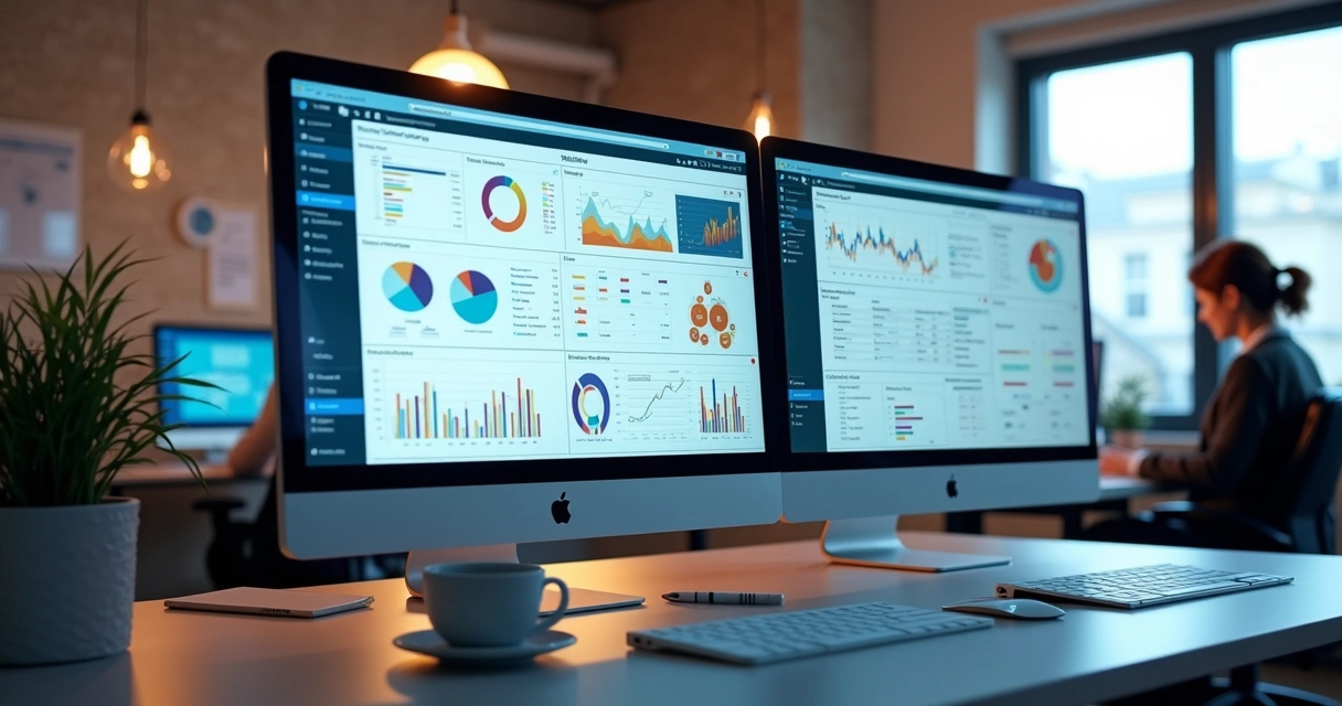 Ilustração realista mostrando comparação entre ERP e CRM em telas de computador com gráficos e dados empresariais 