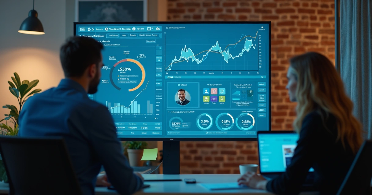 Dashboard de ERP com integração financeira em tela grande 