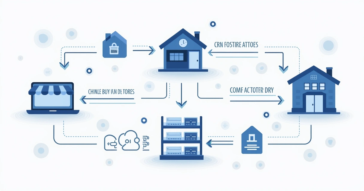 Diagram showing arrows connecting online store, physical store, ERP, CRM, and inventory systems 