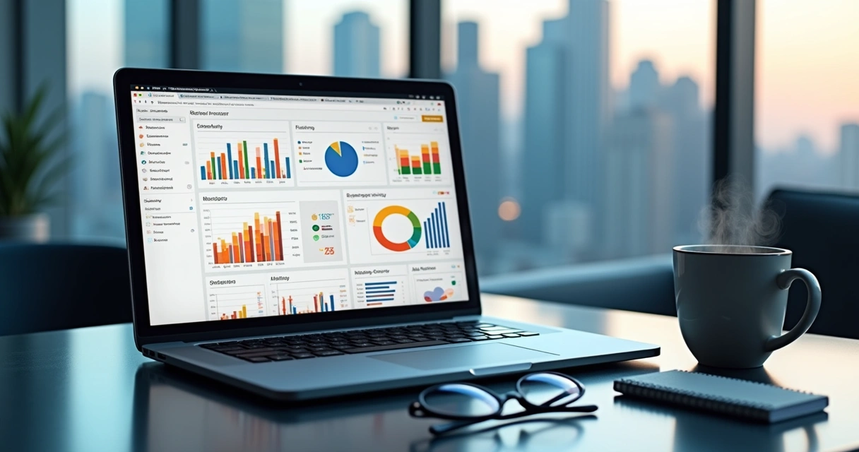 ERP and CRM dashboard interface on a laptop 