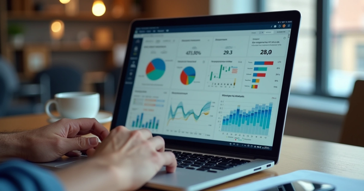 Painel de ERP sendo analisado em laptop por gestor 