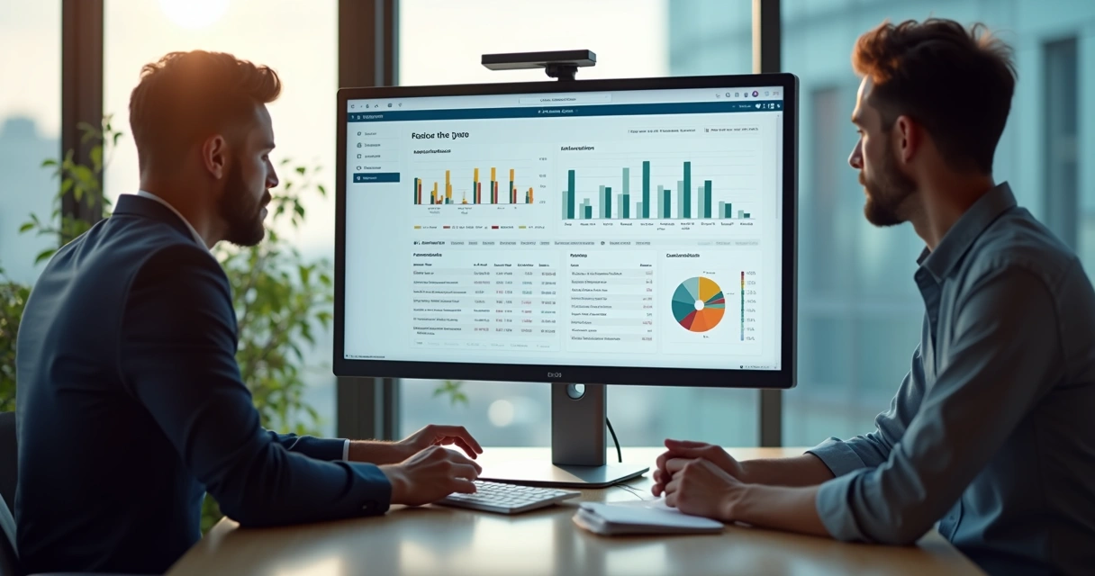 Tela de computador com sistema ERP aberto em ambiente de escritório 