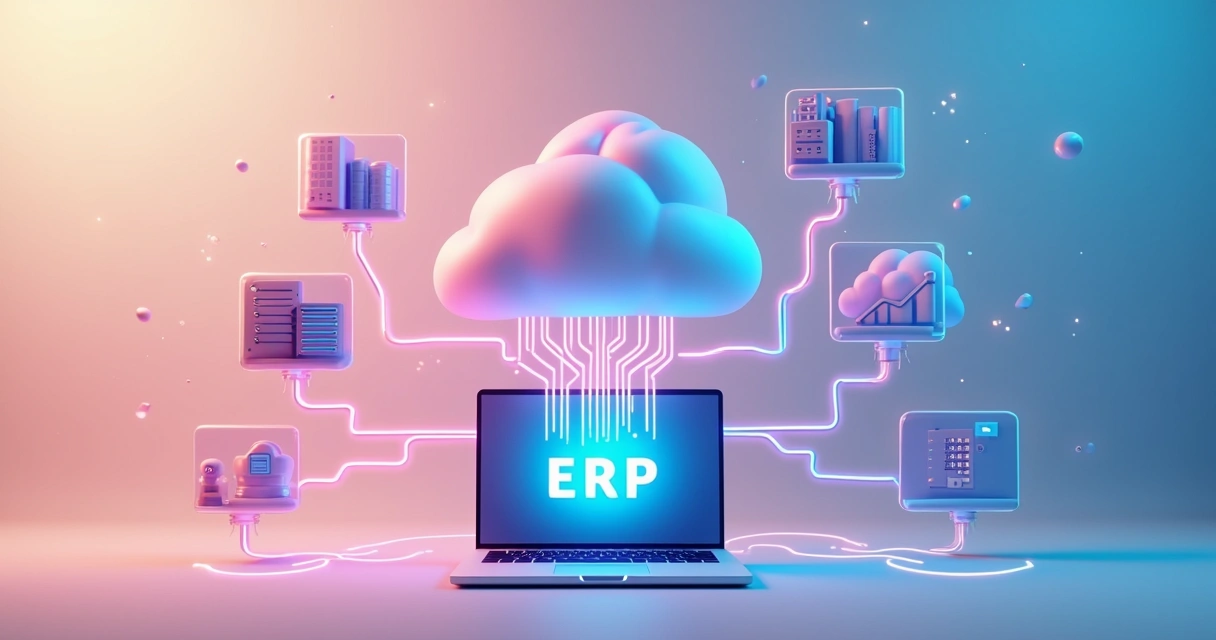 Ilustração de sistema ERP na nuvem com diferentes departamentos conectados 