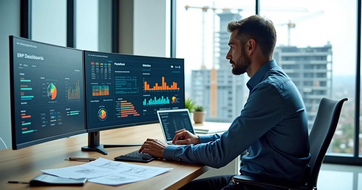 Gestor de empresa de engenharia analisando painel ERP com obras e finanças em destaque 