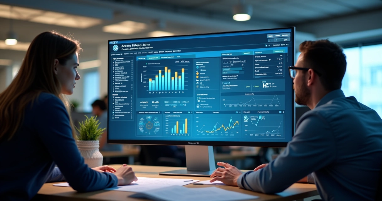 Interface de ERP exibida em tela de computador em escritório contábil 