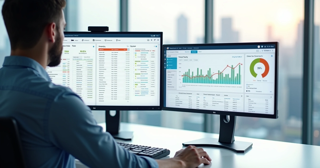 Gestor analisando painel de ERP com estoque sincronizado no e-commerce 