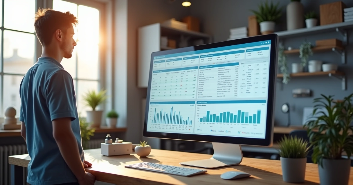 Gestor de pequena indústria analisando tela de ERP simplificada 
