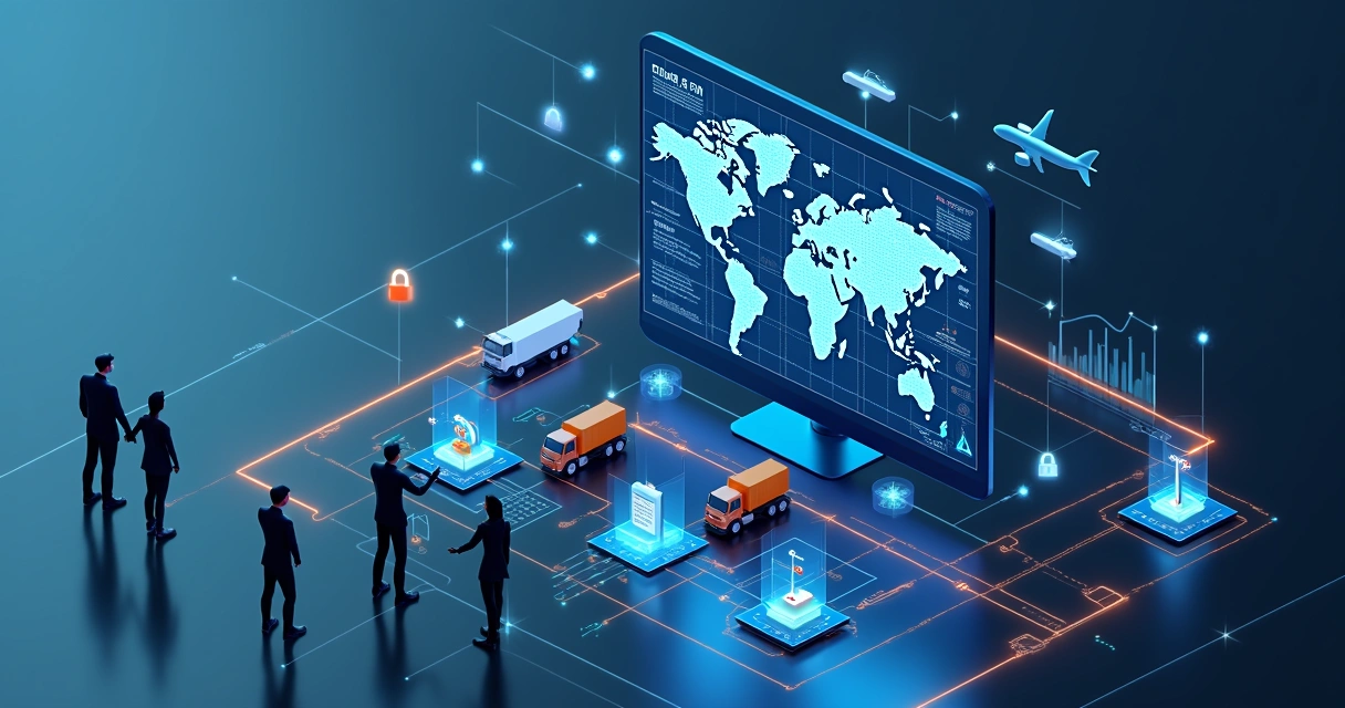 Painel 3D de ERP logístico com mapa mundial e ícones de carga conectados 