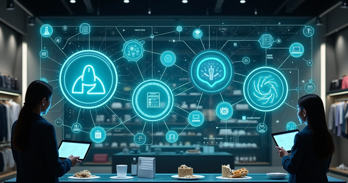 Painel digital transparente com ícones de IA e IoT flutuando acima de prateleiras de loja 
