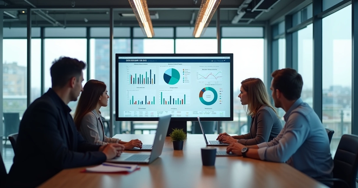 Equipe analisando dashboards financeiros em tela de ERP