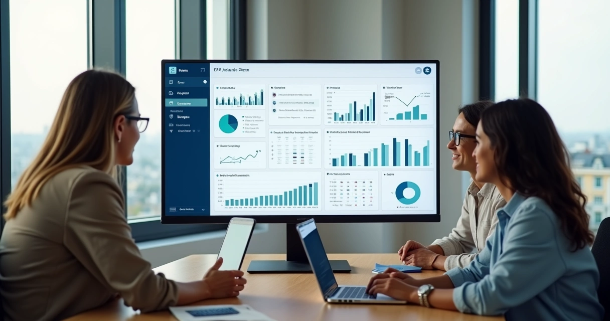 Equipe pequena analisando painel de ERP em escritório moderno 