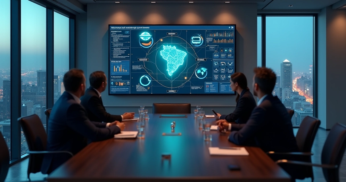 Gestores analisando painel ERP com várias lojas conectadas em tela gigante 