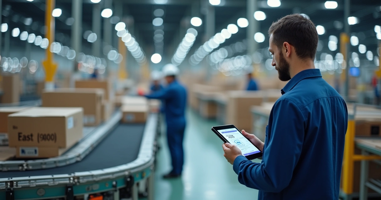 Supervisor em fábrica consultando tablet com informações de ERP e produção 