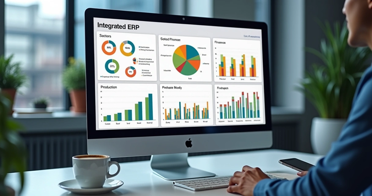 Tela de ERP integrando setores de uma indústria e relatórios de desempenho 