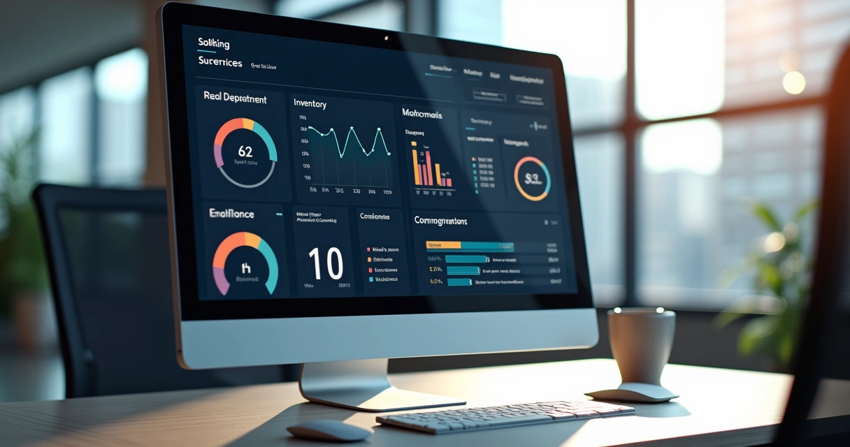 Tela de dashboard de ERP com setores integrados como vendas, estoque e financeiro 