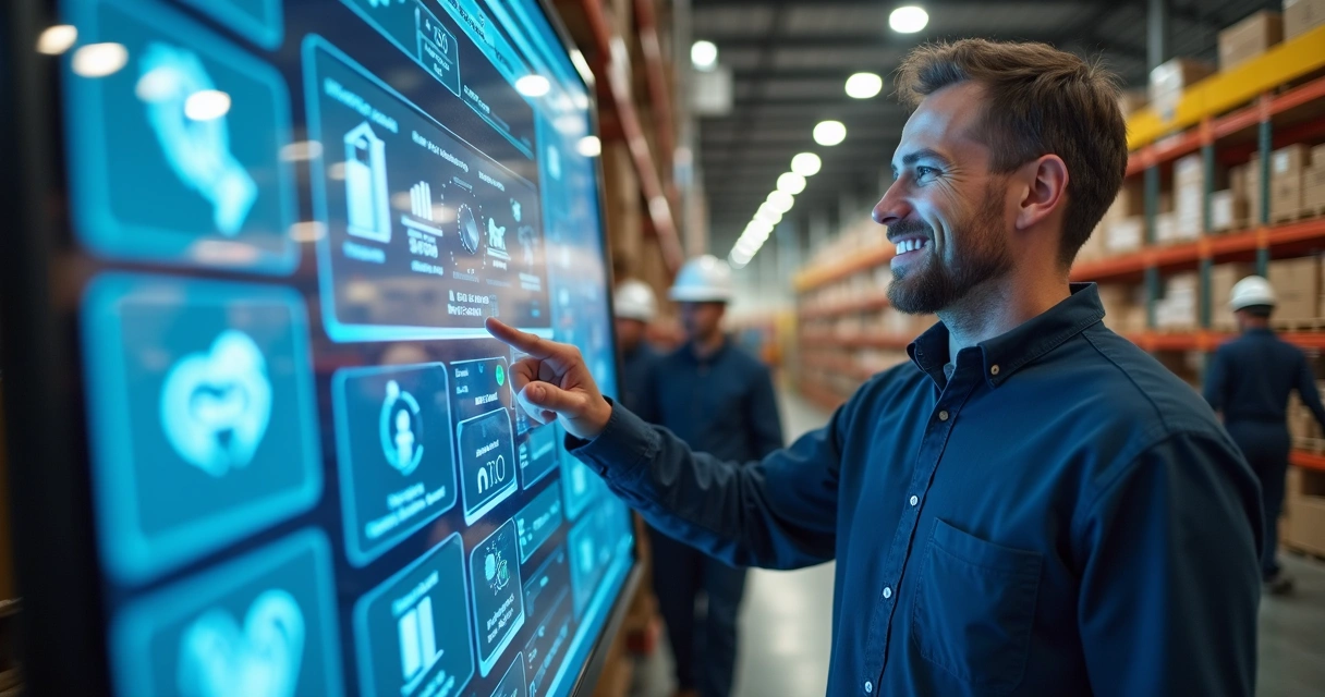 Gestor opera sistema ERP em tela grande com integrações visuais de setores 