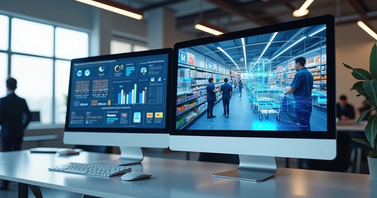 Computadores com telas mostrando ERP integrado e sistema de PDV próprio conectados a loja física e e-commerce 