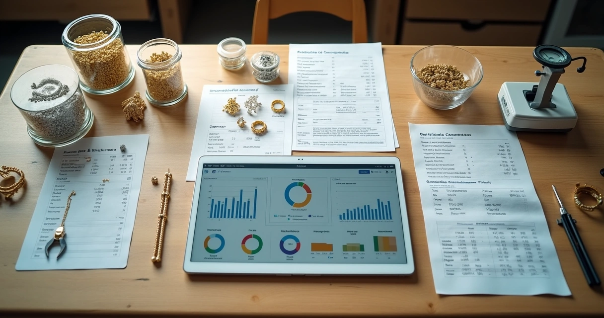 Balcão de joalheria visto de cima com fichas de lotes, joias e tablet com sistema ERP 