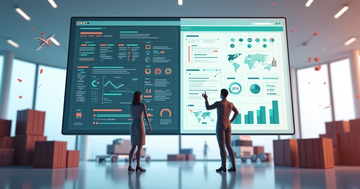 Comparação entre painel de ERP logístico antigo e moderno em tela gigante 