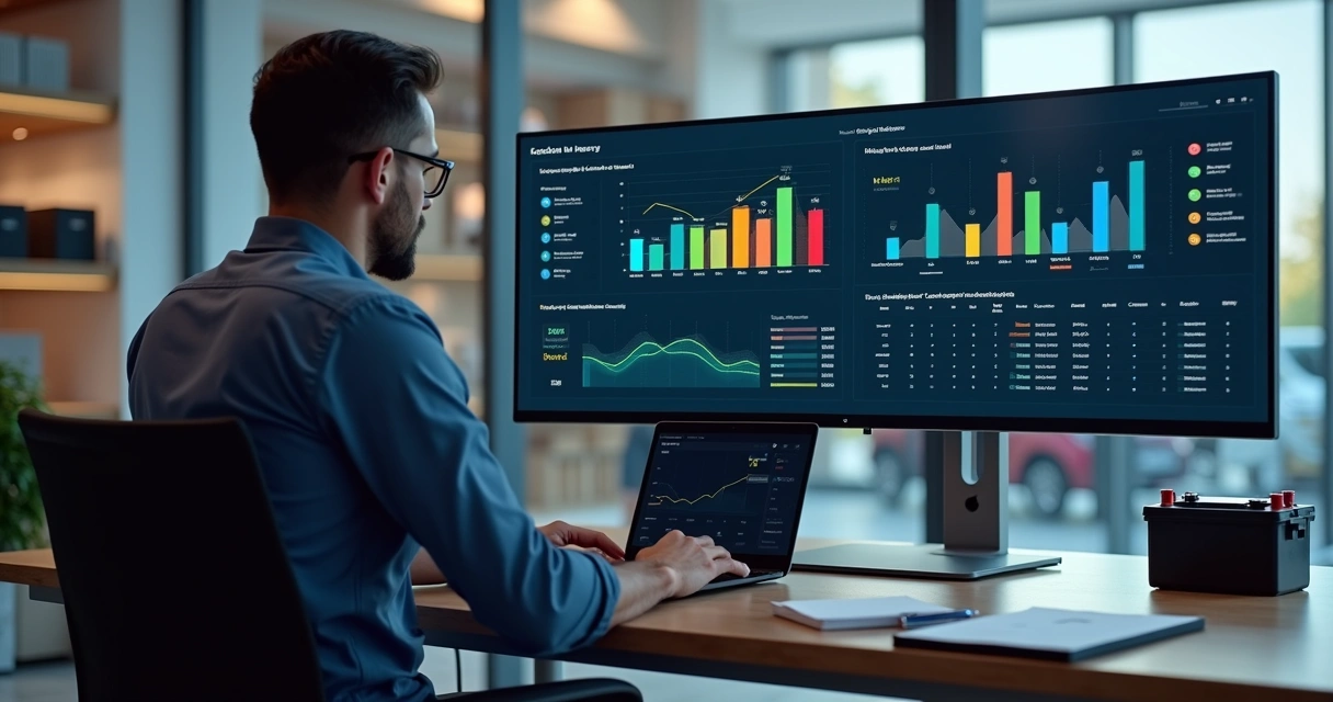 Gestor analisando painel de ERP com gráficos e ícones de baterias automotivas 
