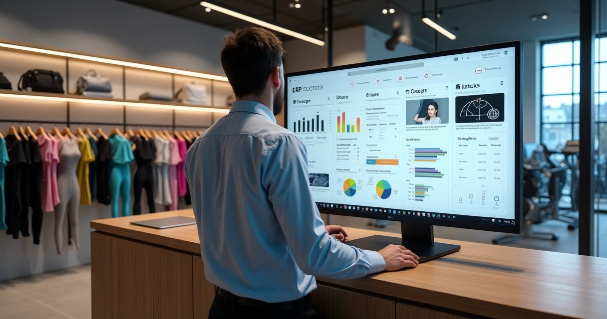 Gestor analisando painel de ERP em loja fitness com estoque e vendas integrados 