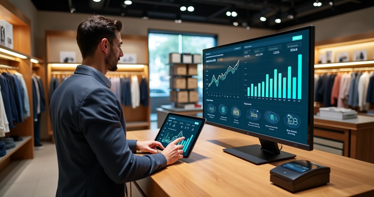 Gestor analisando sistema de gestão em loja multimarcas moderna 