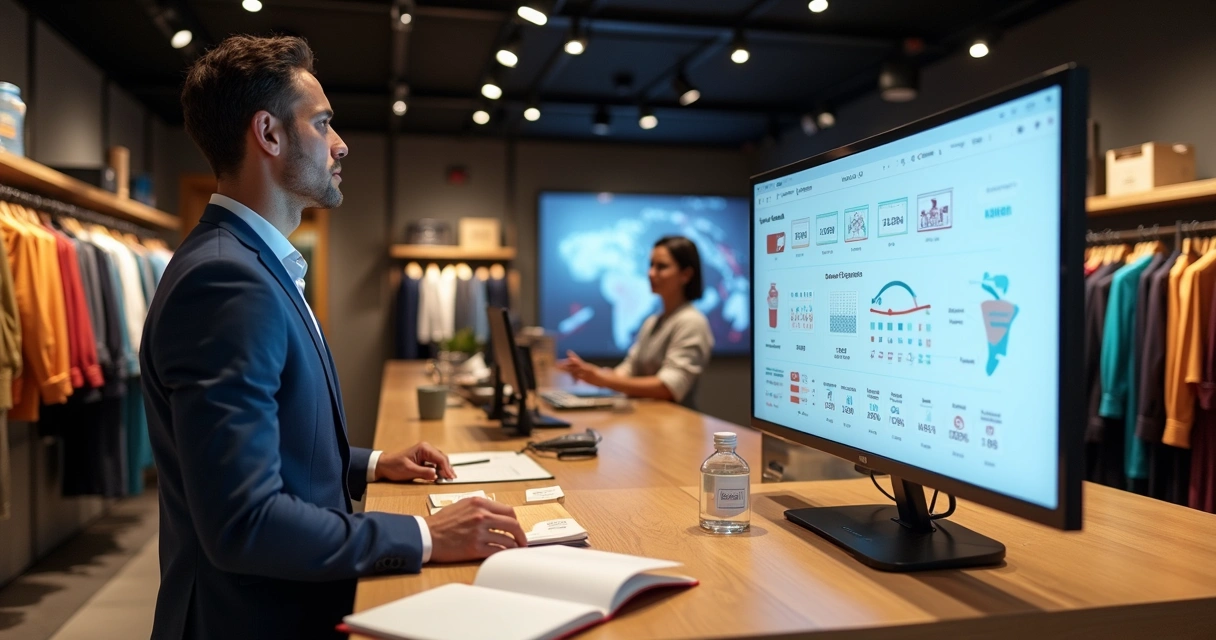 Gestor analisando sistema ERP em loja de roupa omnichannel 