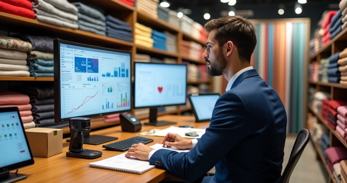 Gestor analisando sistema ERP em loja de tecidos com rolos de pano ao fundo 