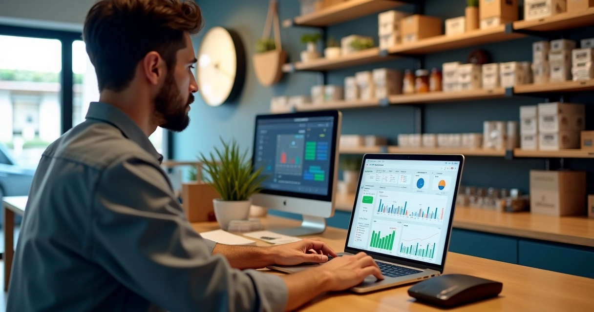 Varejista em pequena loja usando sistema ERP no notebook com gráficos e relógio ao fundo 