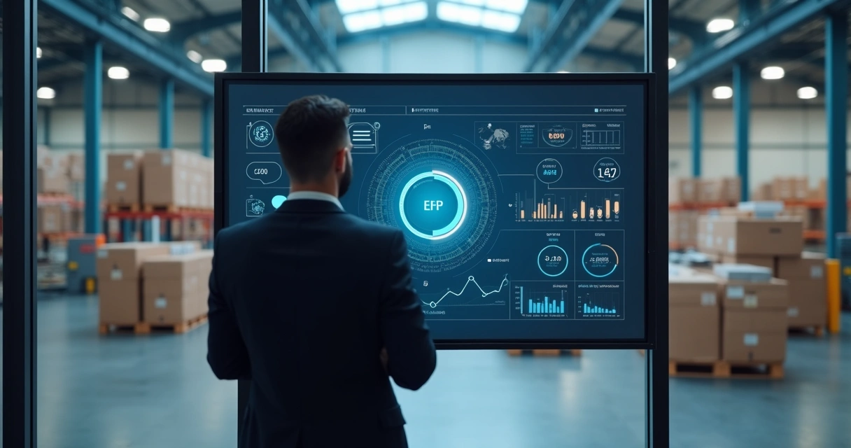 Executivo analisa painel de ERP de e-commerce com integrações e estoque em tempo real 