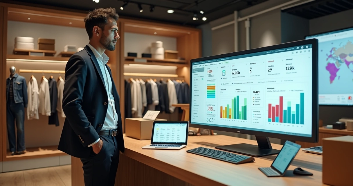 Gestor analisando sistema ERP de moda em loja com estoque integrado e vendas omnichannel 