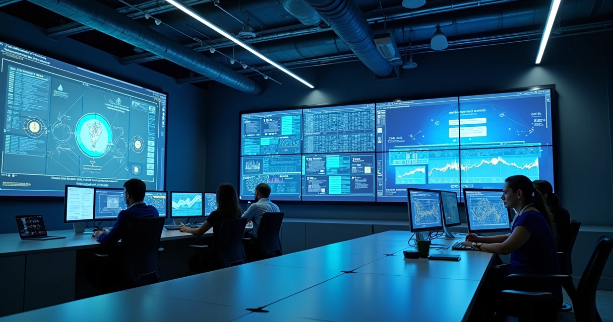 Equipe de TI monitorando painéis de segurança em ambiente de ERP moderno 