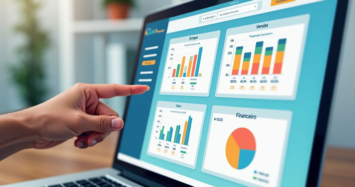 Tela de sistema ERP com módulos de estoque, vendas e financeiro