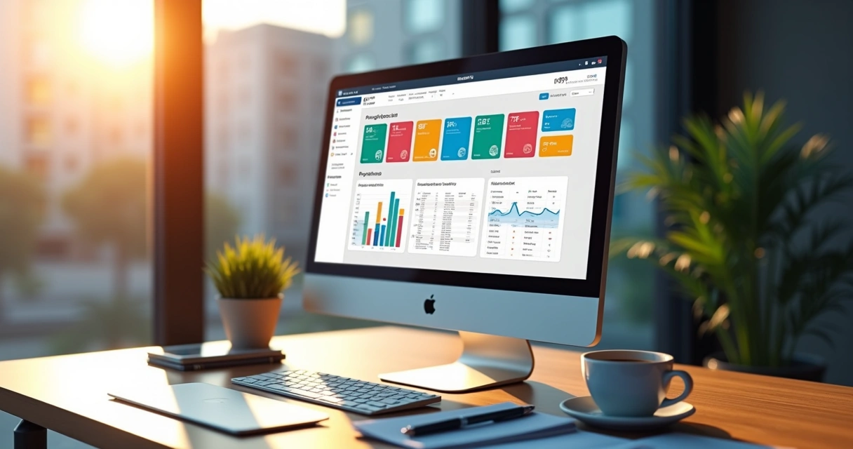 Tela de ERP Protheus mostrando diferentes módulos em painéis coloridos 