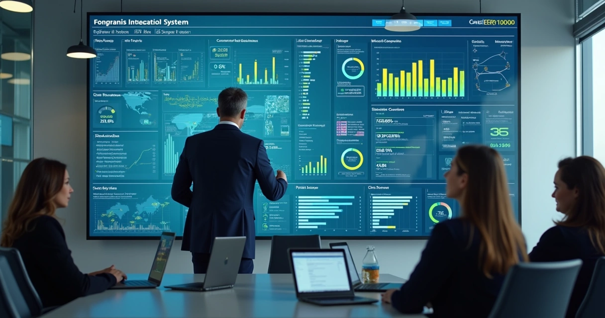 Dashboard de ERP com várias empresas integradas e gráficos de desempenho 