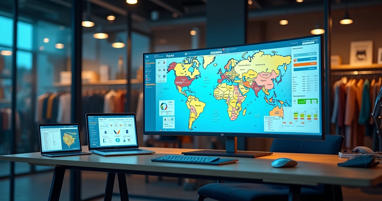 Painel de ERP em nuvem mostrando gestão unificada de várias lojas 