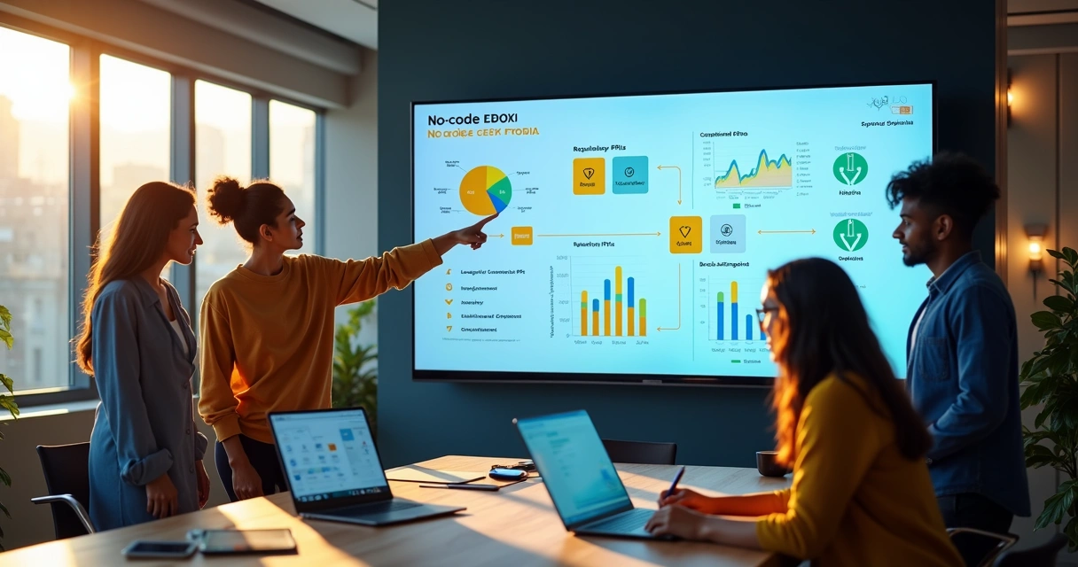 Painel de ERP no-code com indicadores de compliance em tela gigante 