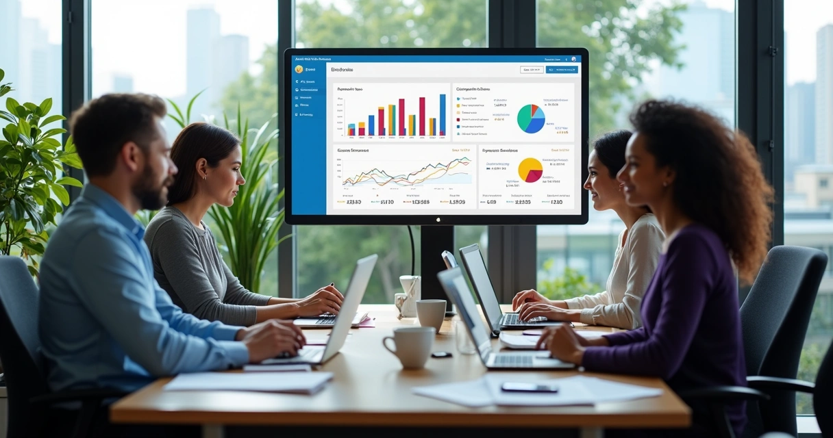 Equipe de escritório usando computador para gestão financeira 