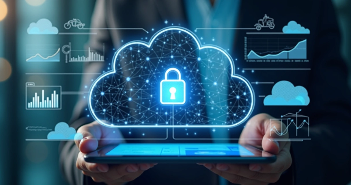 Interface ERP em nuvem com ícones de segurança digital e mobilidade 