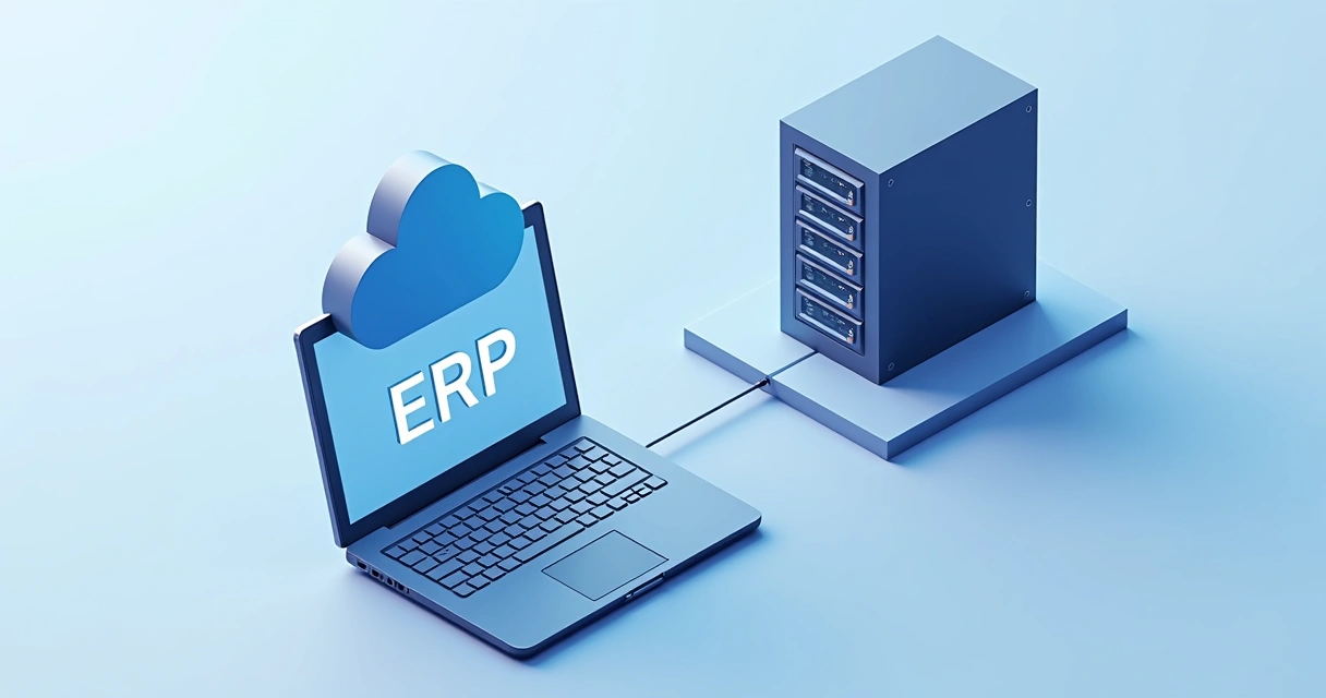 Ilustração de notebook e servidor mostrando comparação entre ERP em nuvem e local 