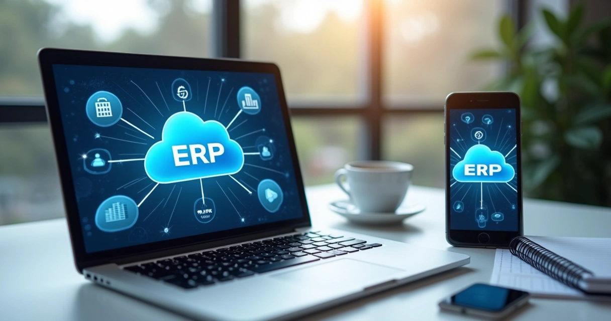 Gestor acessando ERP em nuvem em notebook e celular