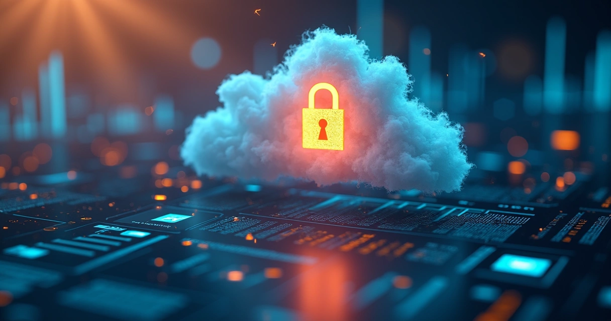 Painel ERP seguro em nuvem, cadeado digital sobre interface de dados 