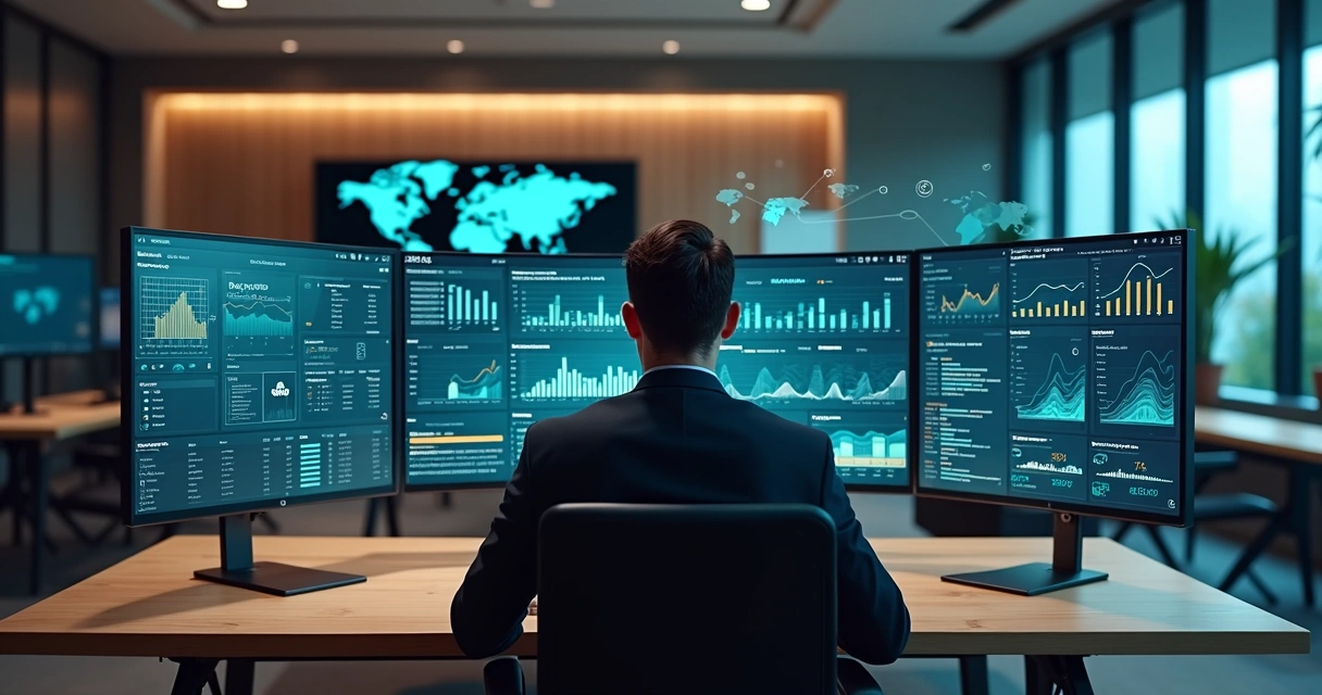 Gestor analisando painel de ERP integrado a ecommerce e marketplaces em múltiplas telas 